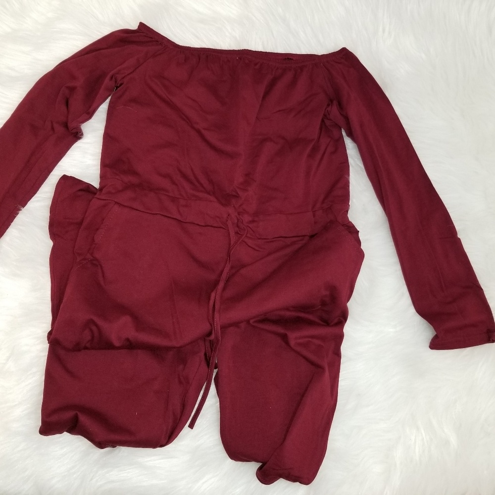 NWT Burgundy Off the Shoulder Long Sleeve Jumpsuit - Picture 8 of 8